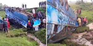 A wreckage of a bus involved in an accident along the Nairobi-Nakuru highway 