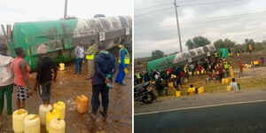 Residents siphoning fuel from an overturned tanker along the Nairobi-Mombasa highway on Saturday, August 16, 2025.