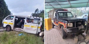A photo collage of a Public Service Vehicle (PSV) involved in an accident along the Kericho-Sotik Highway and police vehicle 