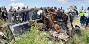 A wreckage of a 14-seater matatu involved in an accident along the Nakuru-Muhoroni highway on September 3, 2024