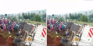 A wreckage of a lorry ferrying logs of wood overturned in Dundori, Nyandarua County