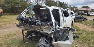 The wreck of a van that was involved in an accident along the Nairobi-Nakuru highway on Sunday, October 18.