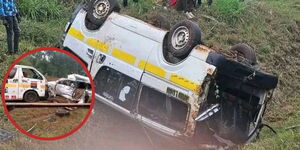 A wreckage of an overturned 14-seater matatu and an insert of a matatu and a personal car involved in a head-on-collusion on Wednesday, October 8, 2025.