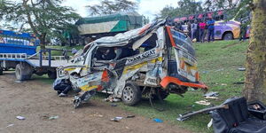 A tow-truck towing a matatu that was involved in an accident near Delamere farm in Naivasha, Nakuru County on April 18, 2023. 