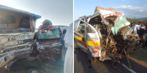 A wreckage of lorry and PSV matatu involved in an accident along Katito-Kendu Bay Highway in Kisumu on February 21, 2024