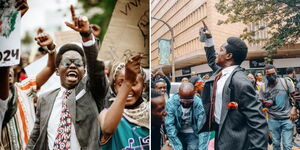 Activist Kasmuel McOure, also known as Kaskazini, during protests in Nairobi CBD.