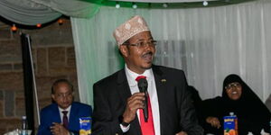 Eldas Member of Parliament Aden Keynan speaks during Iftar dinner at a hotel in Nairobi on April 19, 2023