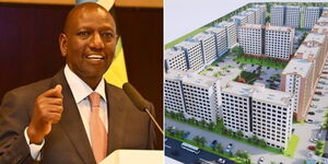 A photo collage of President William Ruto and architectural design of affordable housing units.