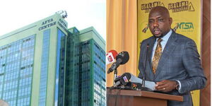 Photo collage of Central Bus Station and Transport Cabinet Secretary speaking on Friday, May 12, 2023.