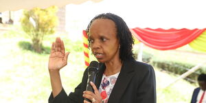 A photo of KUCCPS CEO Agnes Mercy Wahome addressing a joint sensitisation of first-year students at Murang’a University on September 12, 2023.