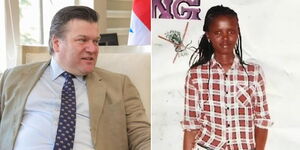 UK Minister of State for the Armed Forces James Heappey at the MOD headquarters on February 26, 2024 (left) and a photo of Agnes Wanjiru who was killed in 2012.