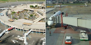 From Left: An aerial view of the Jomo Kenyatta International Airport (JKIA) and a plane connected to an airbridge at an airport.