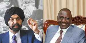 A photo collage of World Bank President Ajay Banga and President William Ruto at State House on June 6, 2023.