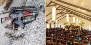 A collage of an AK47 rifle and a church in Kenya.