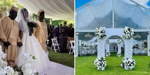 A side-by-side image of musician Akothee walking down the aisle at her wedding and an image of the reception held at Windsor Golf Hotel, Nairobi on April 10, 2023.
