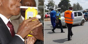 A photo collage of a motorist undergoing an alcoblow at a police stop in Nairobi in June 2016 and NTSA officials and police enforcing traffic rules on June 15, 2023.  
