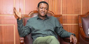 Tourism Cabinet Secretary Alfred Mutua speaking in Narok County Government offices on April 4, 2024.