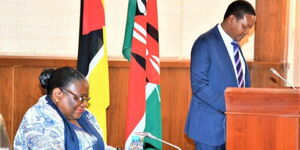 Foreign Affairs CS Alfred Mutua speaking in Maputo, Mozambique on Wednesday, August 9, 2023.