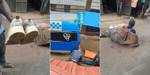 Collage of scene of a man caught stealing a pair of shoes in Matopeni, Kahawa Wendani on November 25, 2023.