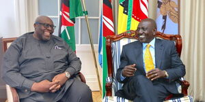 Photo collage of Ambassador Tom Amolo on March 9, 2022, and President William Ruto during a meeting at State House on Wednesday, April 12, 2023.