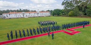 An aerial view of State House and officers during a parade on February 5, 2024