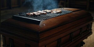 An AI generated image of a casket used for grilling meat.