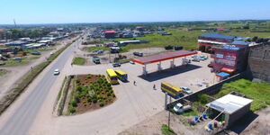 An aerial view of businesses and a petrol station along Kangundo Road 