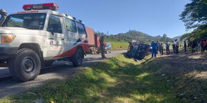 An ambulance at the Londiani scene of accident where 47 travellers sustained injuries