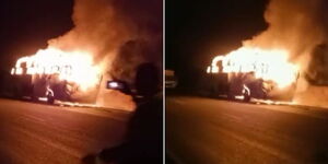 An ENA Coach bus in flames along Narok-Mai Mahiu Road.