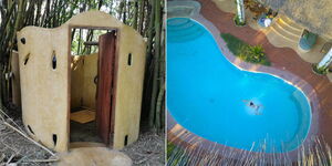 An outdoor shower at Distant Relatives (left) and its swimming pool.