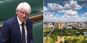 Collage Andrew Mitchell, UK Minister for Development in Parliament and an aerial view of Nairobi City