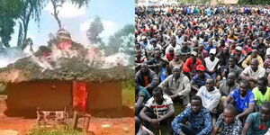A collage image showing the aftermath of the Angata Barikoi attack (left) and locals meeting with police to find a lasting solution