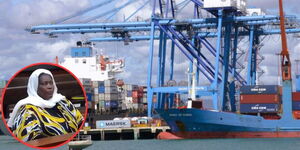 A photo of shipment at the Mombasa Port and businesswoman Ann Njeri Njoroge at the Mombasa Law Courts on November 14, 2023 (in circle).
