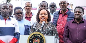 Council of Governors Chairperson, Anne Waiguru giving an address amidst other governors at Masaai Mara on November 9, 2023