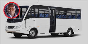 A collage of a bus, and a man encircled