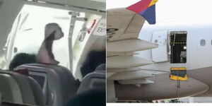 A collage of a South Korean Asiana Airlines flight whose emergency door was opened mid-flight and the opened door after the plane landed on May 26, 2023.