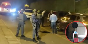 ATPU officers at the entrance of a hotel in Loresho on December 2023 and a noise pollution reader (in red circle).