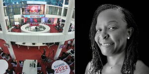 A photo collage image of KTN News workspace (left) and outgoing Standard Group continuity editor Lilian Aluanga (right).
