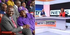 A photo collage of President William Ruto and COTU boss Francis Atwoli on May 1, 2023 (left) and Citizen TV's Linus Kaikai and Yvonne Okwara during a Nes Gang Show in February 2023 (right).