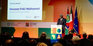 A Photo of the African Union Chairperson, Moussa Faki Mahamat addressing delegates at the Africa-Italy Summit on January 29