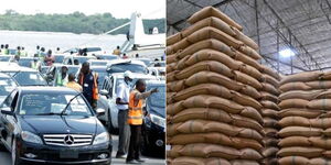 A photo collage of vehicles being unloaded from a ship in Mombasa (left) and sugar being stored in a warehouse.