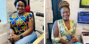 A collage photo of Aunty Jemimah on set at Gukena FM