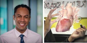 A photo collage of Dr Jonathan Awori (left) and a demonstration of virtual reality in heart defect treatment (right)
