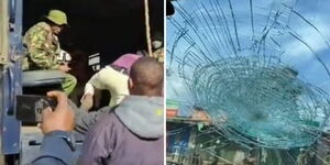 A side-by-side image of several youth who were arrested at KICC and a cracked windscreen belonging to NMG's press vehicle on Monday, March 20, 2023.