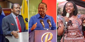 A photo collage of party leaders Kalonzo Musyoka (Wiper), Raila Odinga (ODM), and Martha Karua (NARC Kenya).