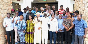 Former Prime Minister Raila Odinga, Wiper leader Kalonzo Musyoka and Narc Kenya leader Martha Karua alongside their allies together with Azimio Governors at a retreat in Mombasa County on September 29, 2023.