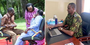 A photo collage of Azimio Principals Raila Odinga, Martha Karua and Kalonzo Musyoka (left) and Murang’a County Police Commander David Mathiu (right). 