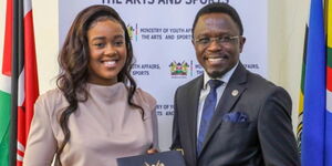  TikTok star Azziad Nasenya  together with Sports Cabinet Secreatry Ababu Namwamba at the Minstry's office on on February 21, 2023.