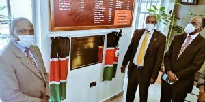 Chief administrative Secretary (CAS) Agriculture Lawrence Omuhaka together with Secretary General, Inter- African Coffee Organization, Amb. Solomon S. Rutega and Vice Chancellor, Kenyatta University, Prof. Paul K. Wainaina, during the official opening of KU Coffee house.