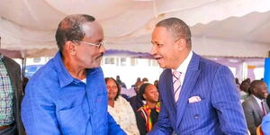 Kalonzo Musyoka (left) and Babu Owino interacting during a Wiper party event on September 29, 2025.